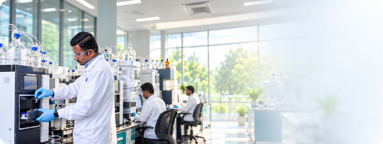 Laboratory scientists discussing results in a modern lab
